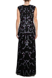 Adrianna Papell - Beaded V Neck Cap Sleeve Front Slit Gown