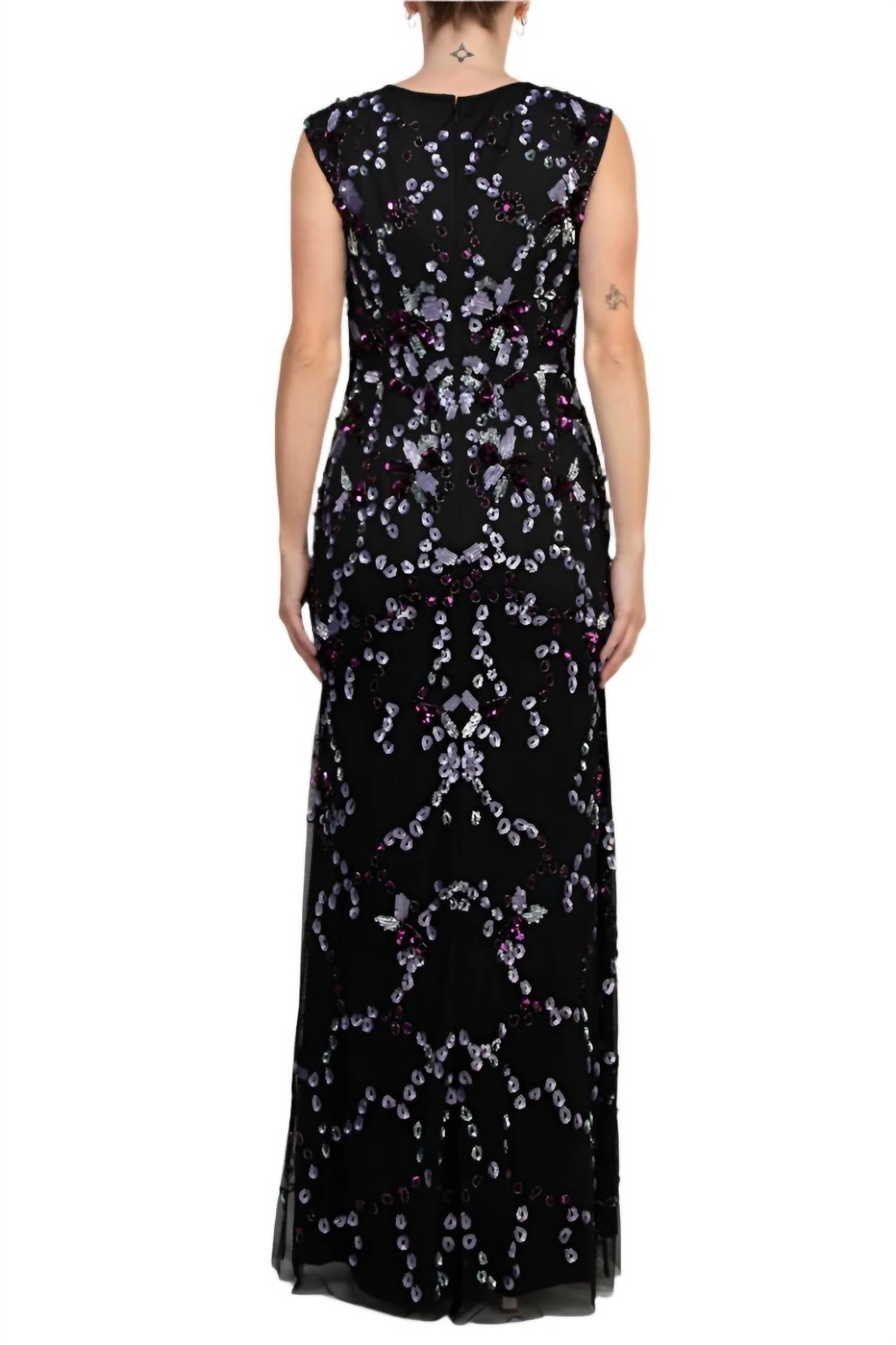 Adrianna Papell - Beaded V Neck Cap Sleeve Front Slit Gown