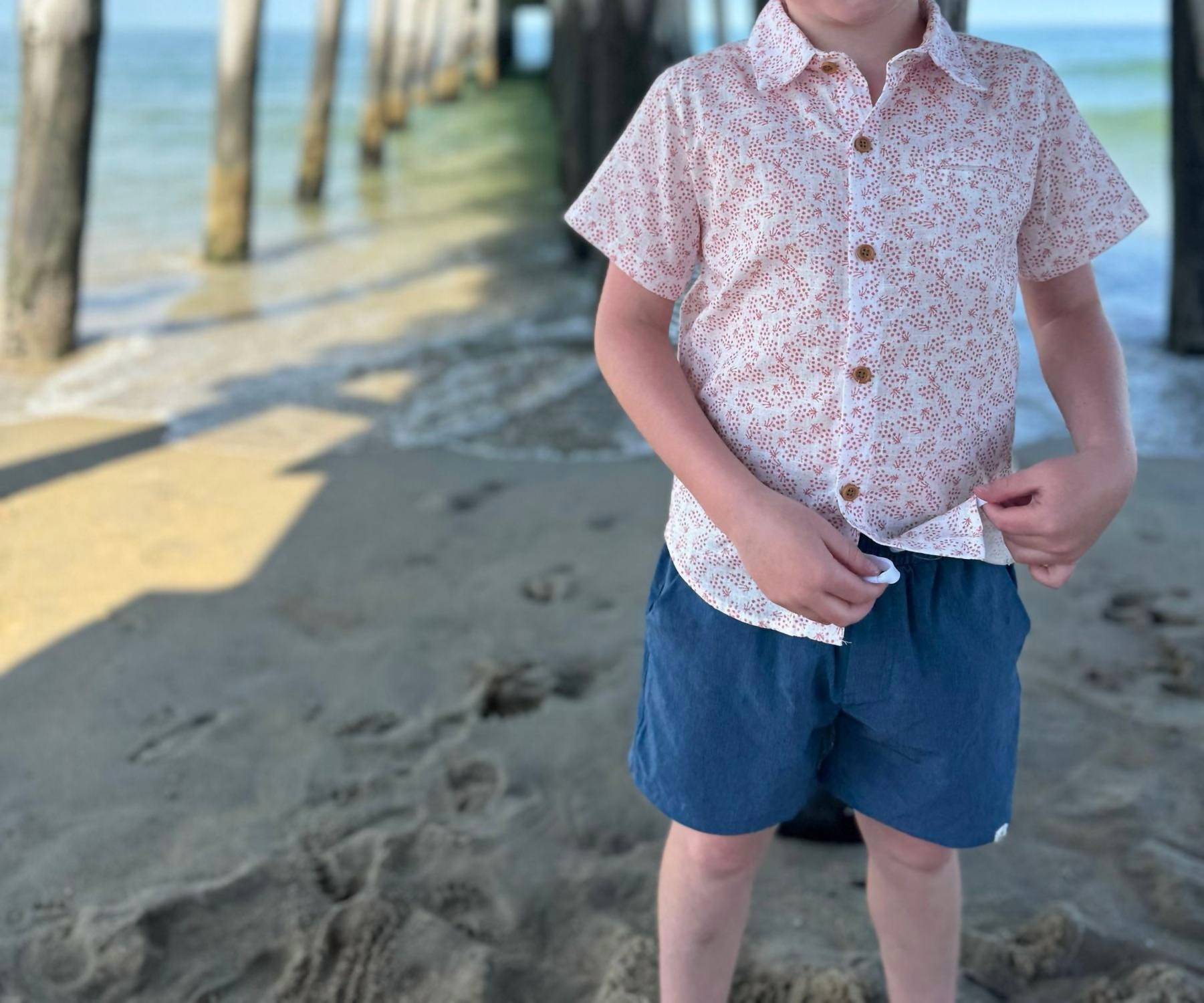 ME & HENRY Boy's Newport Woven Shirt in coral floral - kids' t-shirt - detail view