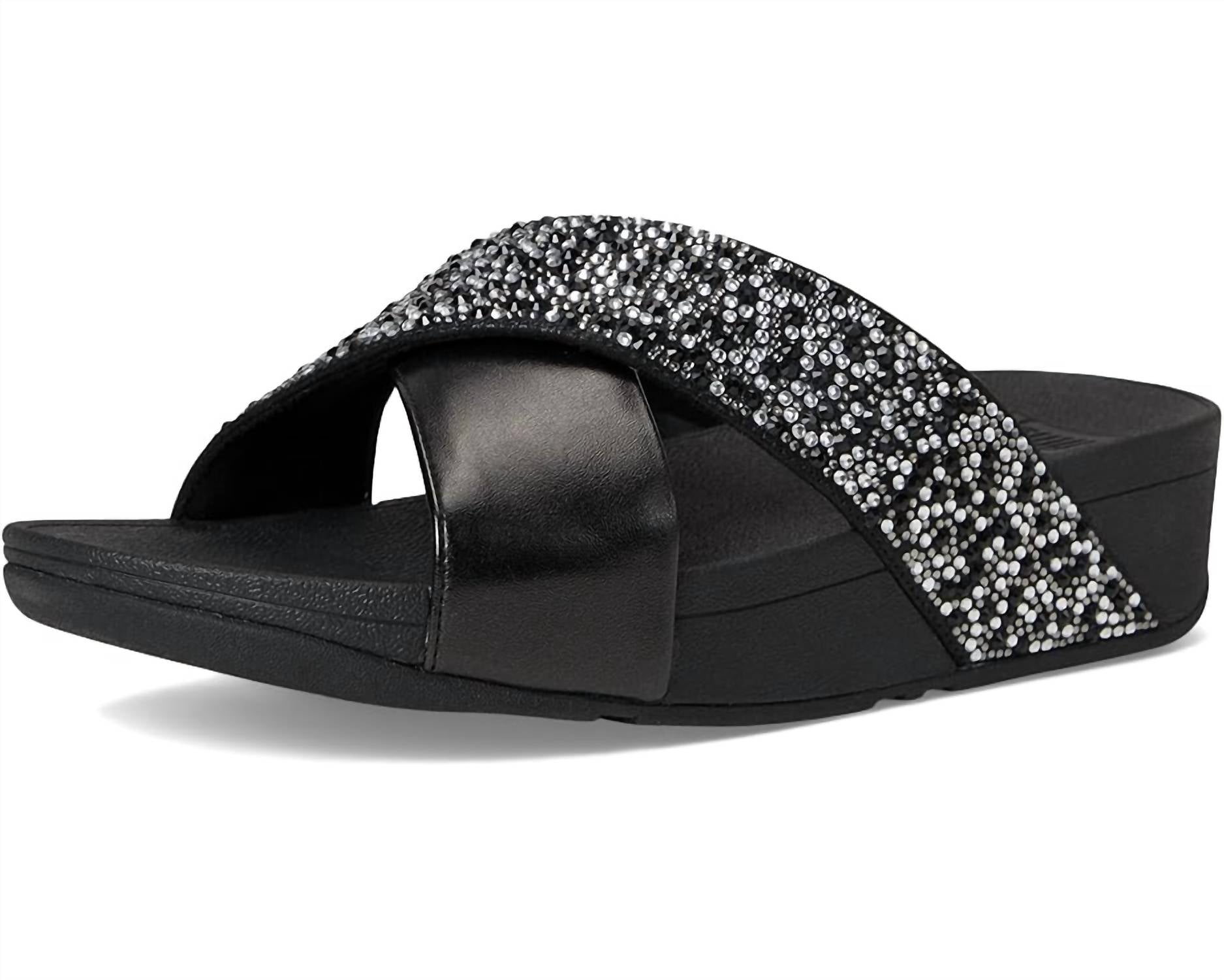 fitflop Women's Lulu Crystal Mix Metallic Cross Wedge Slides in all black - women's sandal - view 6