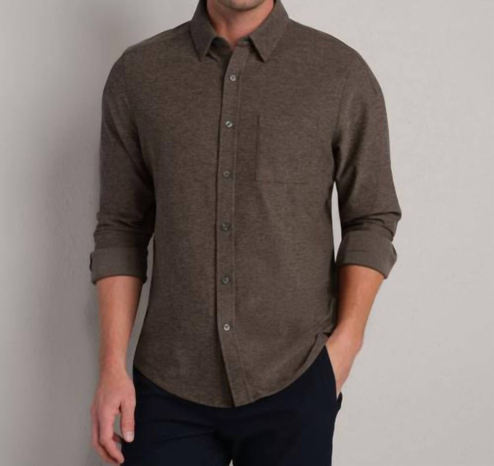 RHONE Wfh Long Sleeve Button Down Shirt in cafe noir heather - men's shirt