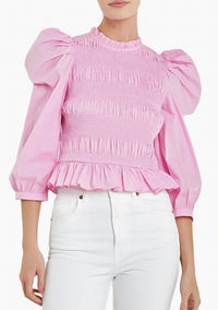 English Factory - Smocked Puff Shoulder Poplin Top