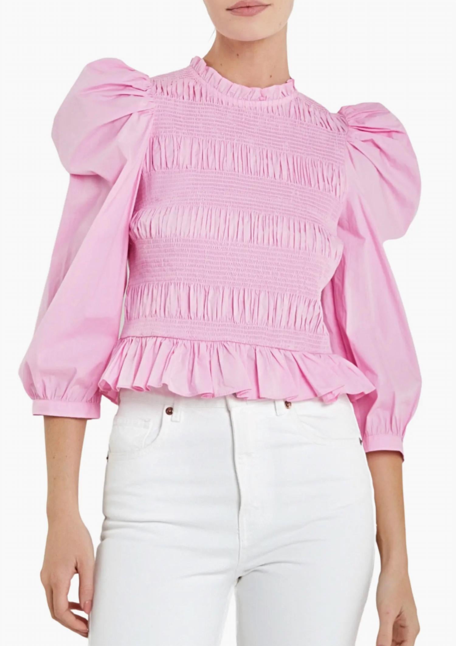 English Factory - Smocked Puff Shoulder Poplin Top