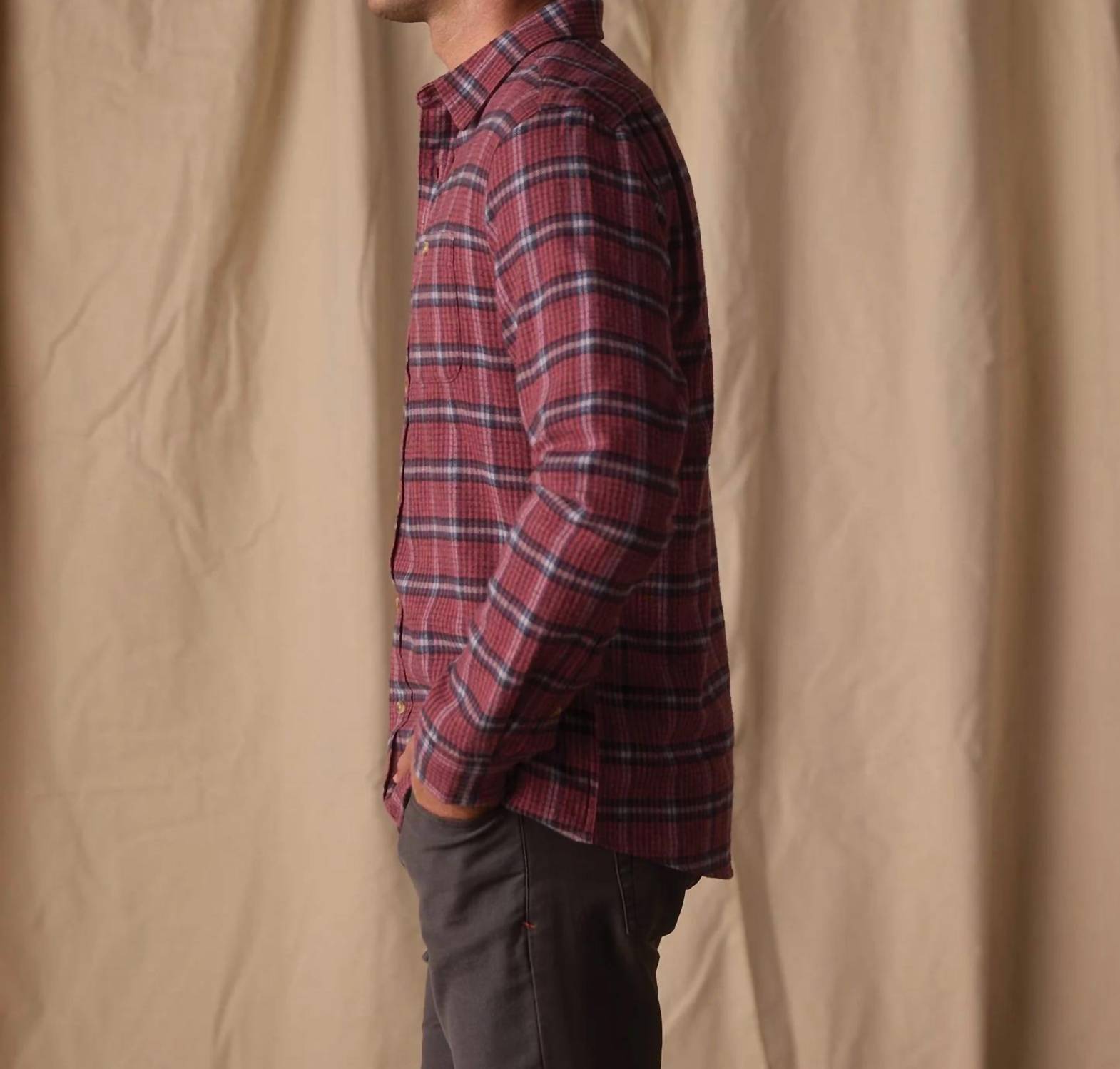 The Normal Brand Hudson Double Brushed Flannel Shirt in mineral red plaid - men's shirt - alternate view