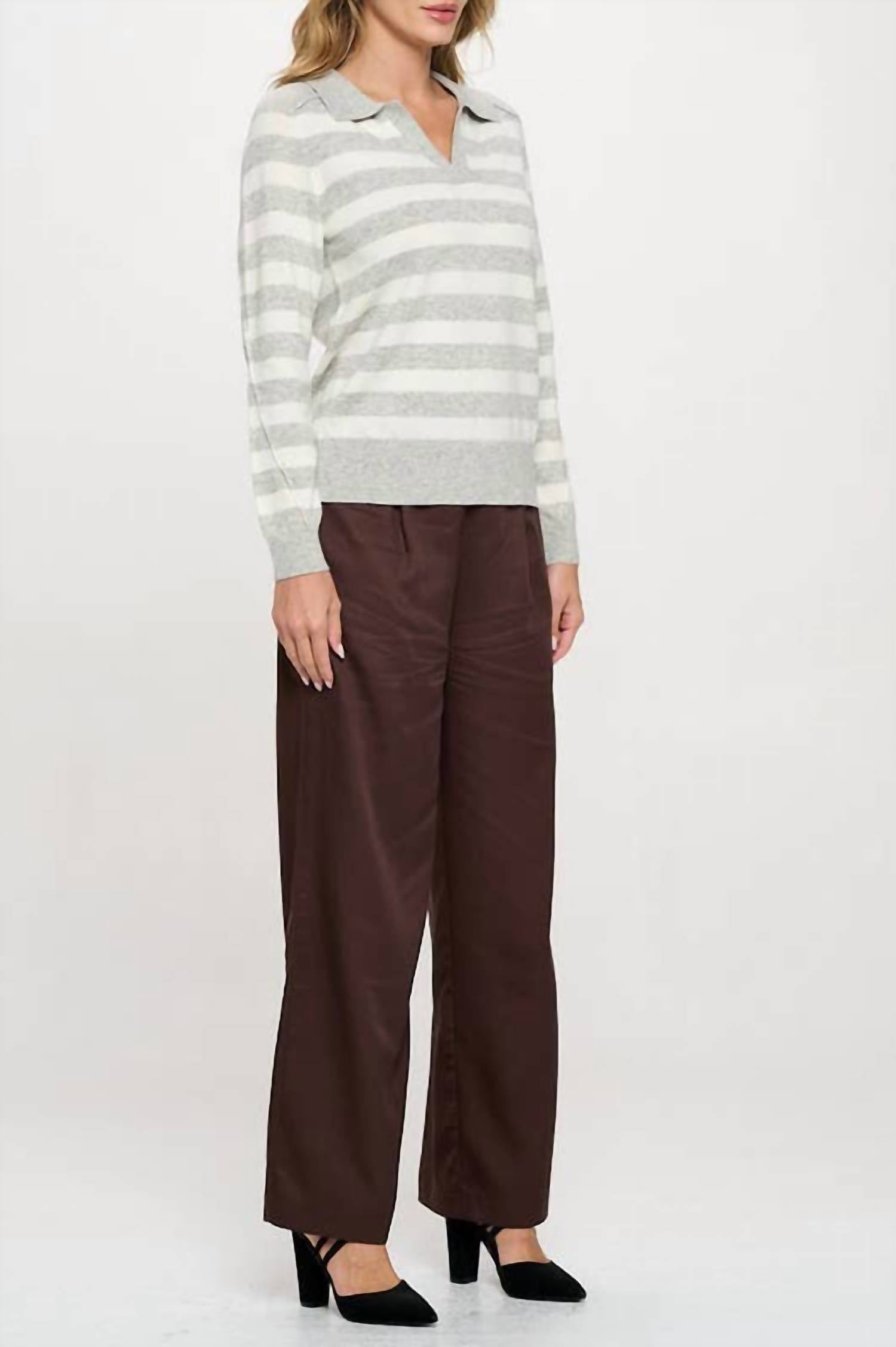 Renee C - Striped Knit Polo Collar neck Long Sleeve sweater