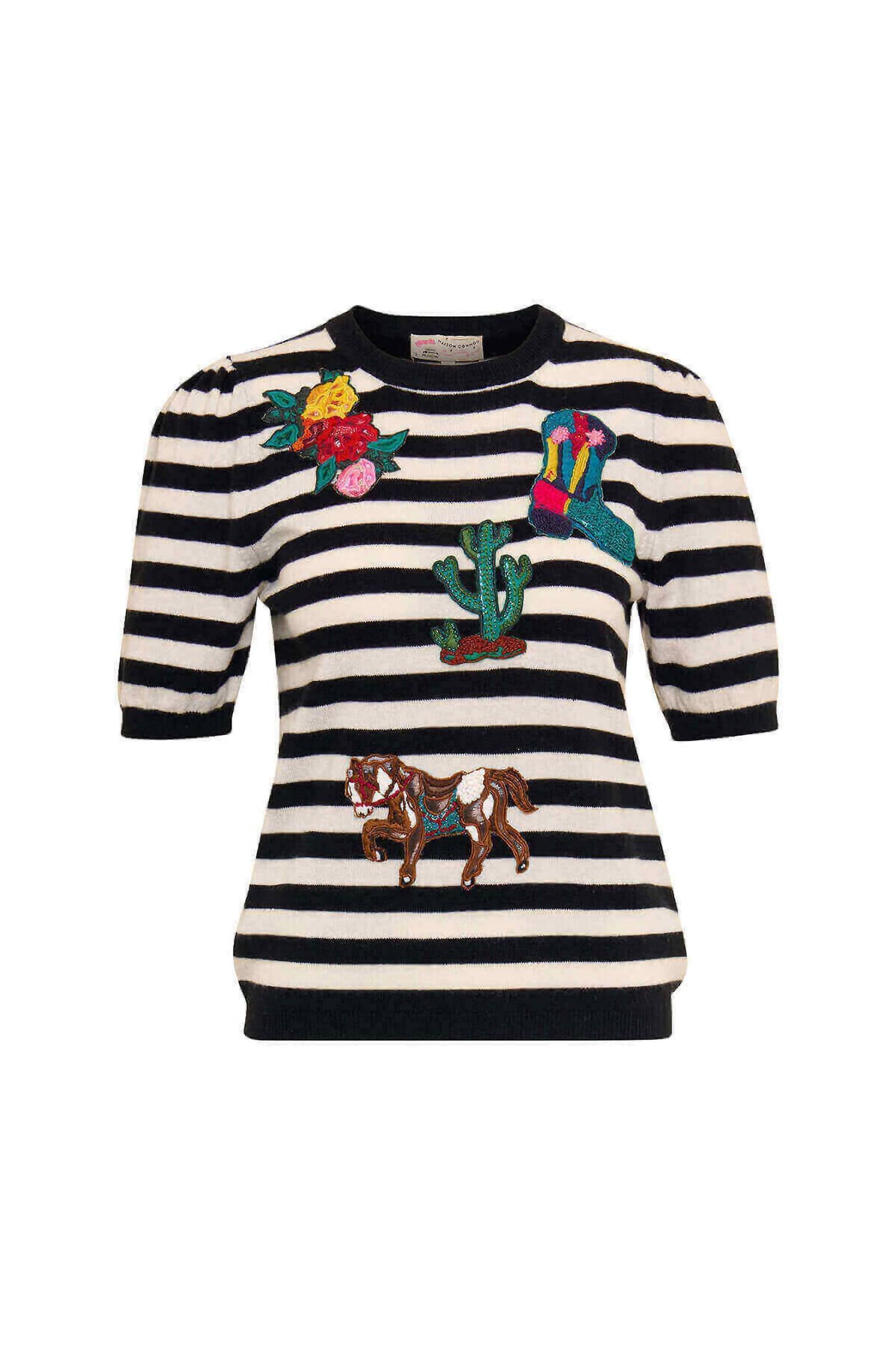 Maison Common - Short Sleeve Stripe Pullover With Embroidery