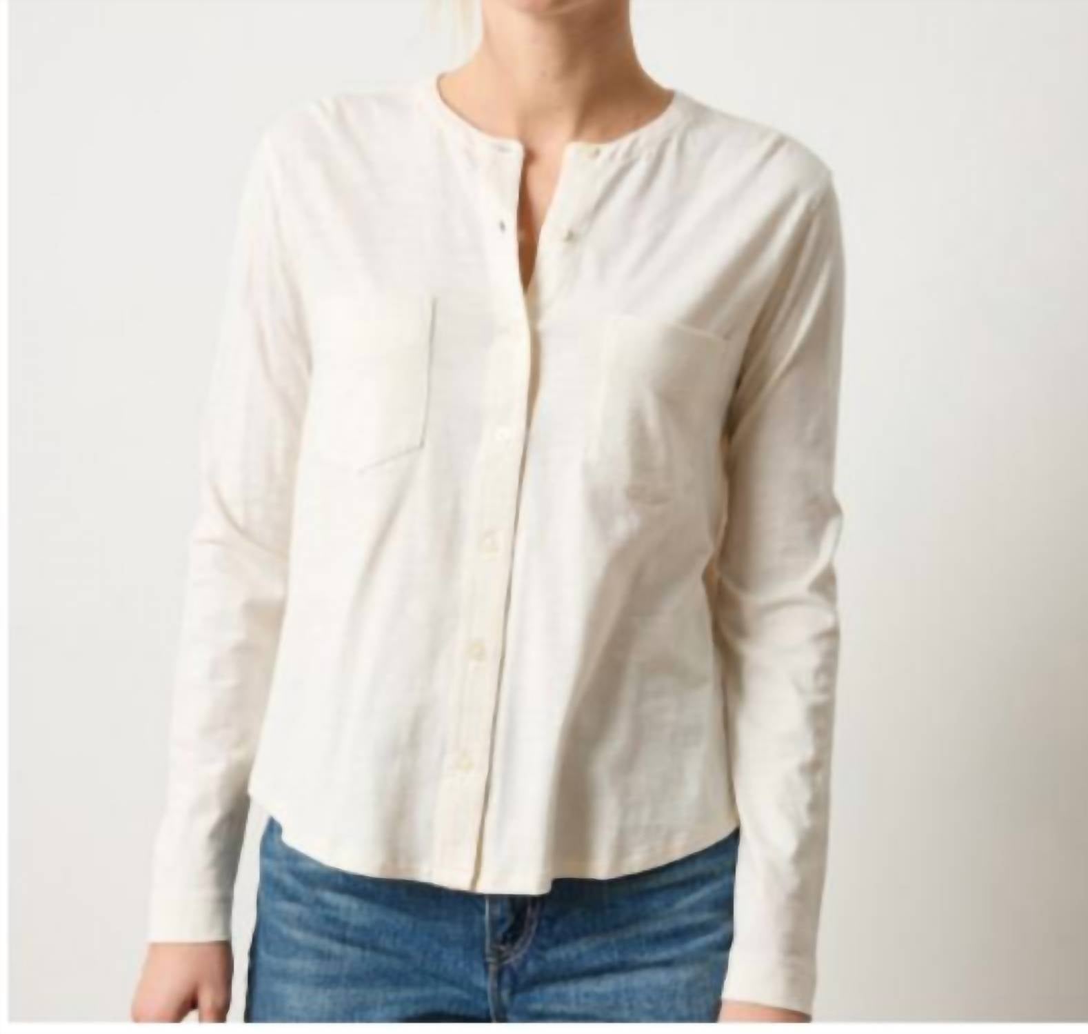 Lilla P Mandarin Collar Button Down Shirt in talc - women's shirt - detail view