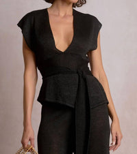 Elan - Women's Waist Band Tie Plunge Top