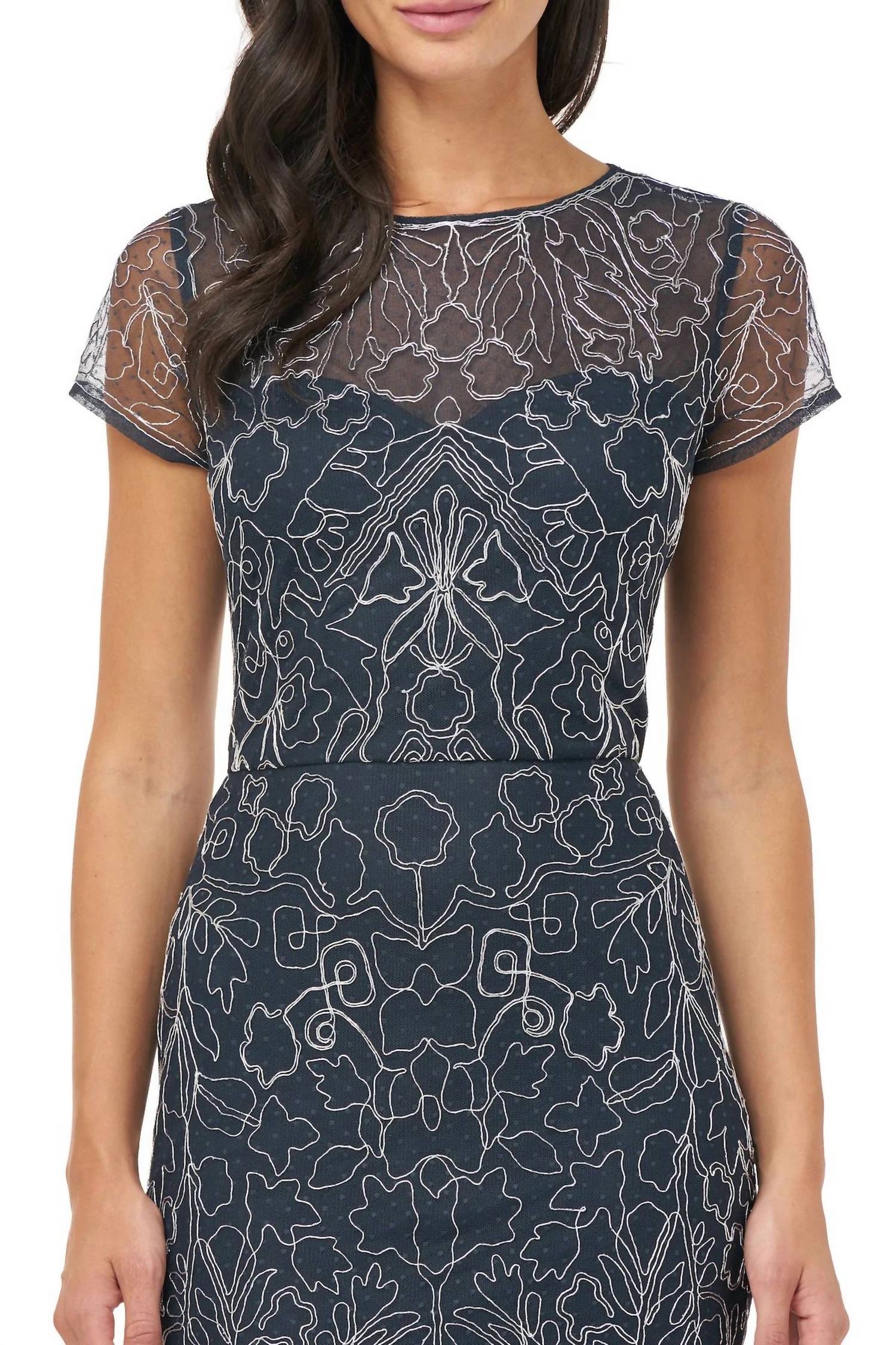 Js Collections - Women's Crew Neck Short Sleeve Illusion Soutache Mesh Dress