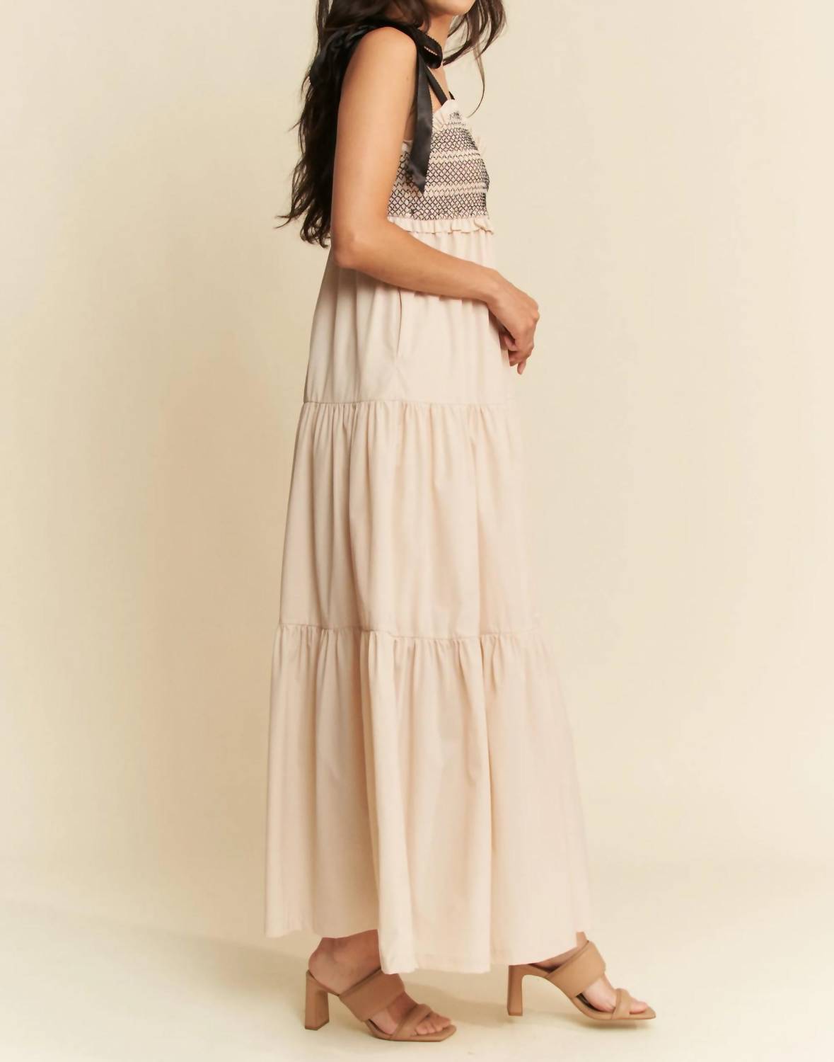 Davi & Dani - Dustbowl Darling Multi Contrast Smocked Bodice Straps Maxi Dress