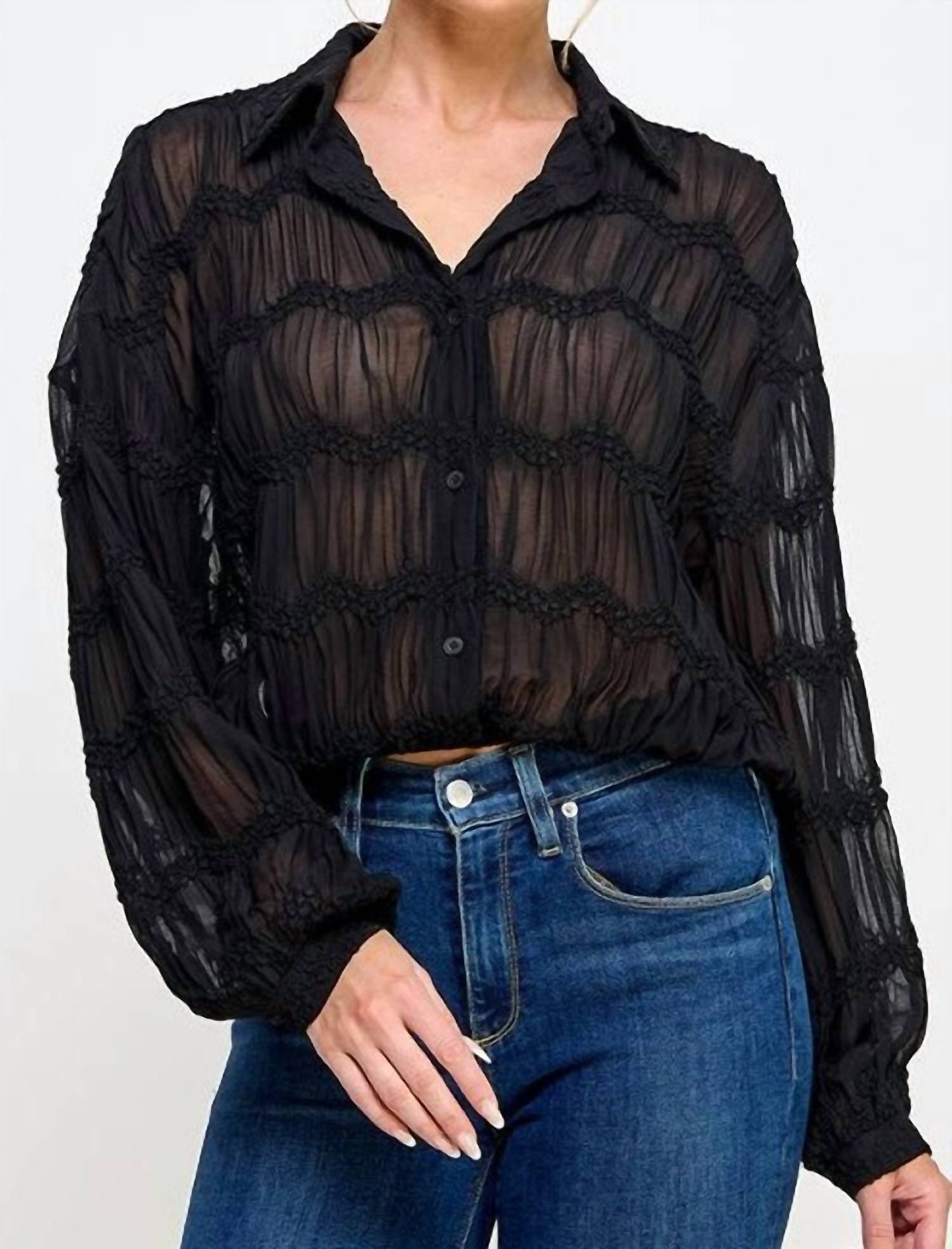 Allie Rose - Ruched Long Sleeve Sheer Blouse