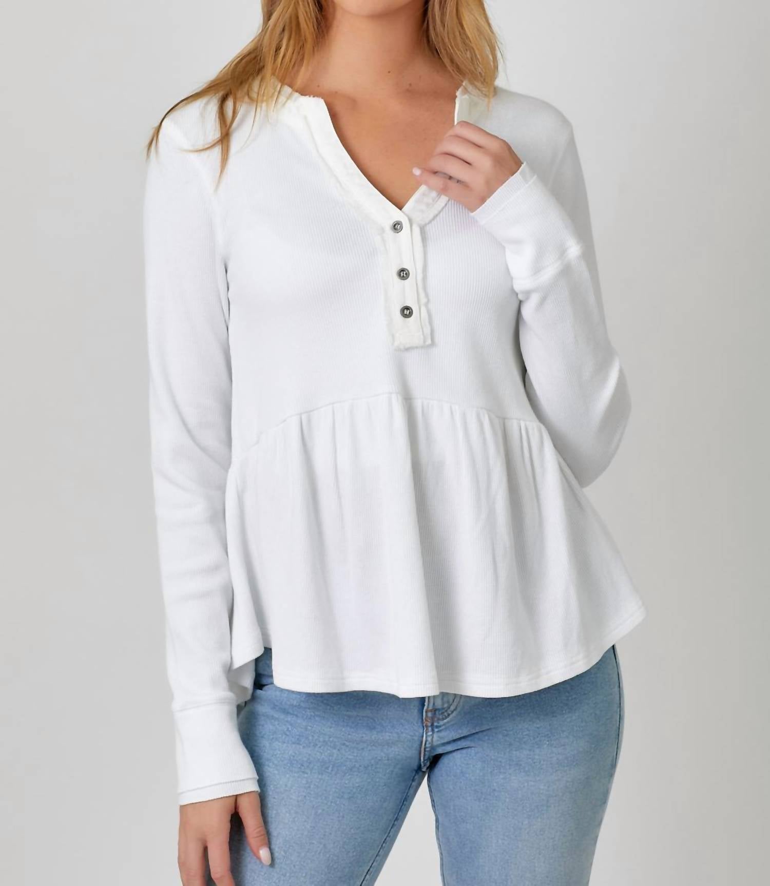 Mystree - Washed Thermal Peplum Long Sleeves Top