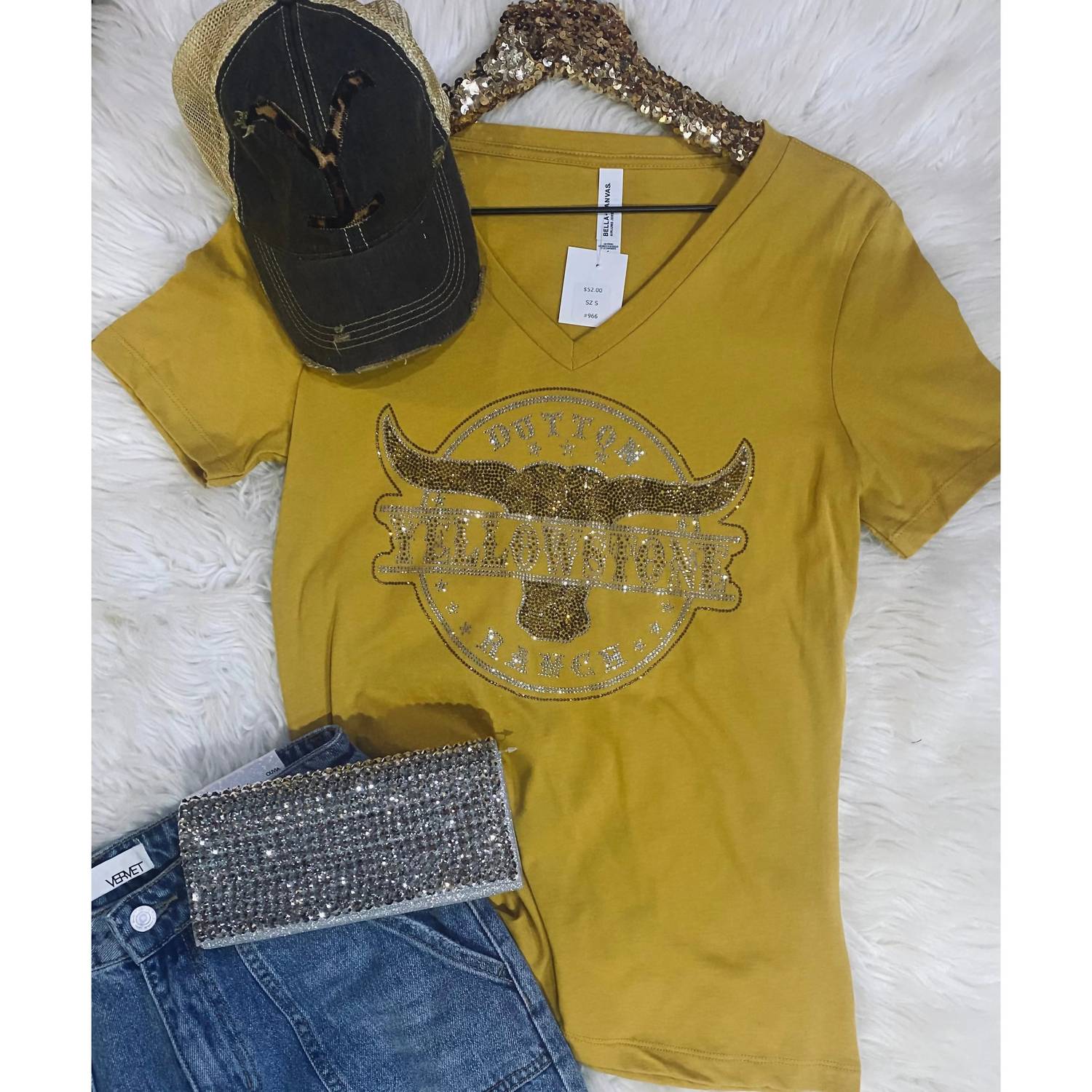 Crystallized By Sparkle - Women's Ranch Rhinestone Bling V-neck Tee