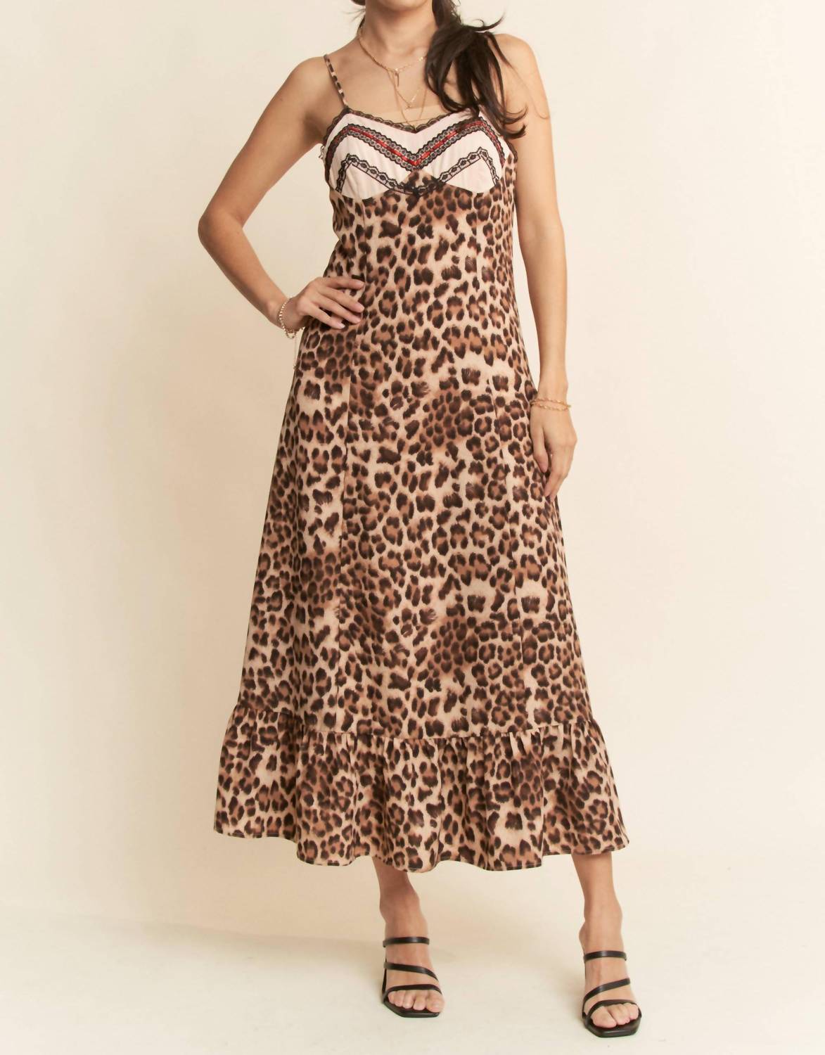 DAVI & DANI Animal Printed Chest Lace Detail Maxi Slip Dress in taupe cheetah - women's dress