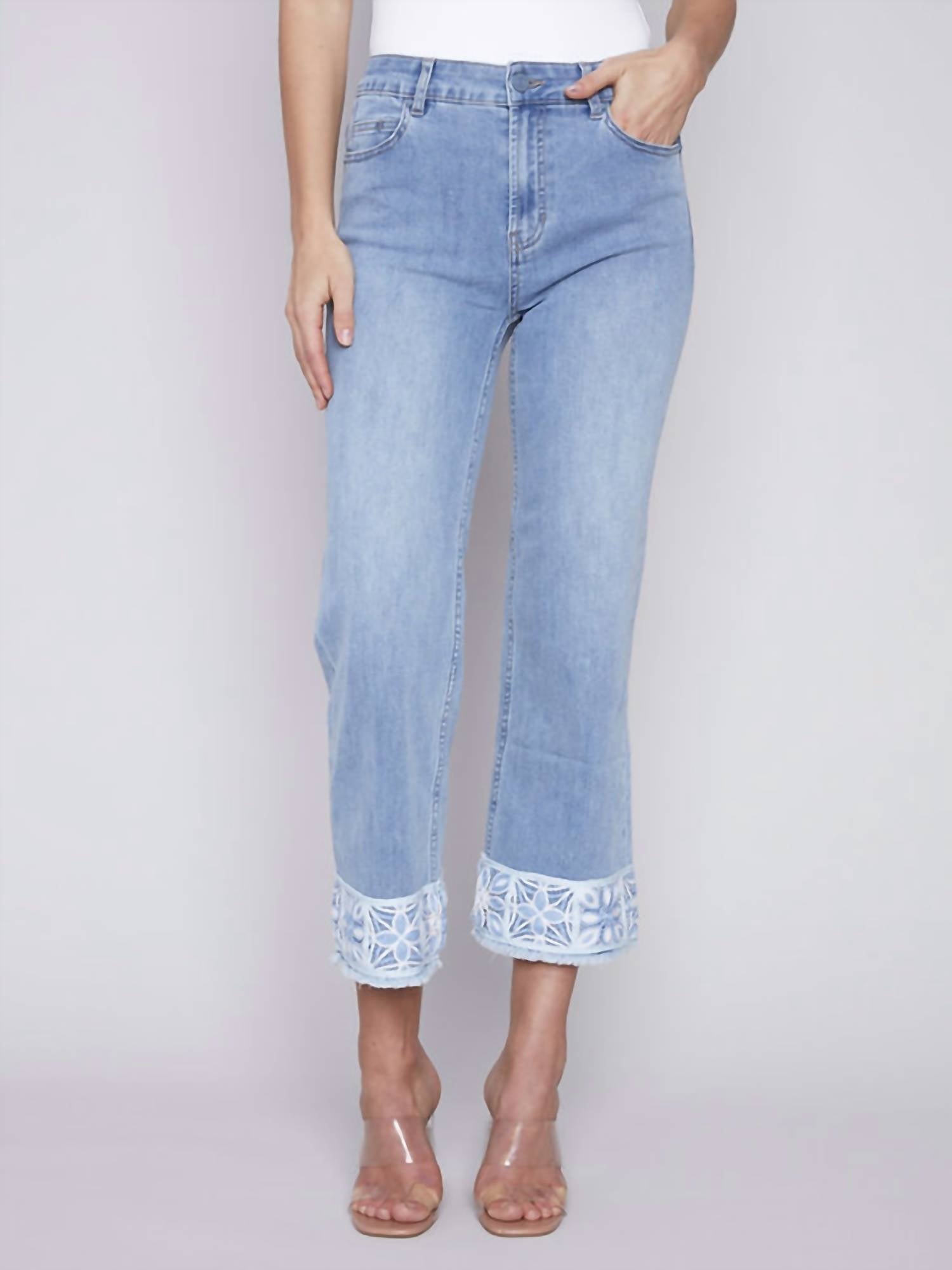 CHARLIE B Crochet Hem Jean in light blue - women's jeans