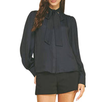PINCH Button Down Shirt With Tie Neck in ink - women's blouse
