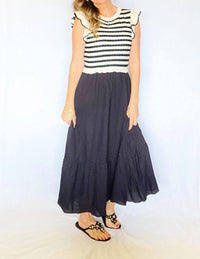 By The River Woven Knit Striped Top Maxidress With Solid Bottom in cream and black - women's dress