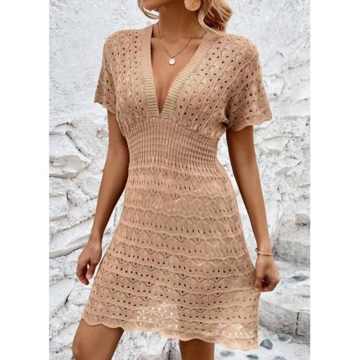 Wholesalesir Crochet Knit Beach Cover Up Dress in beige - women's swimwear