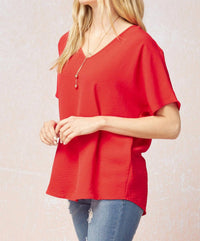 entro Solid V-neck Top in red - women's t-shirt - alternate view