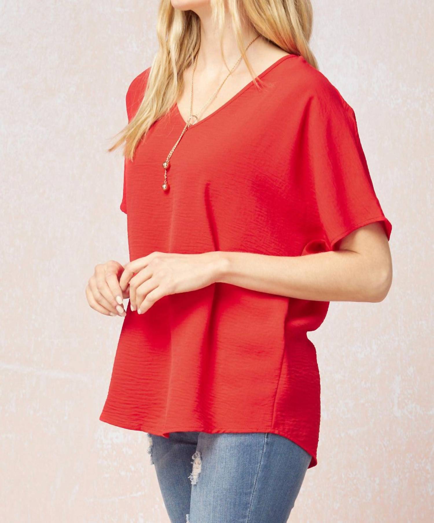 entro Solid V-neck Top in red - women's t-shirt - alternate view