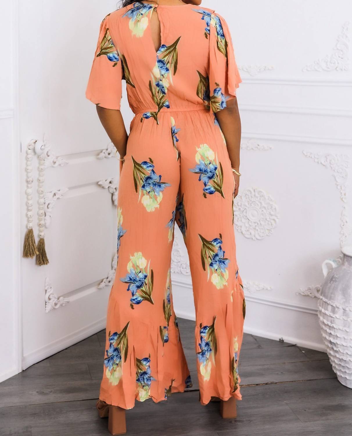 Surelymine - Peach Floral Ruffle Jumpsuit Wide-leg Summer One-piece