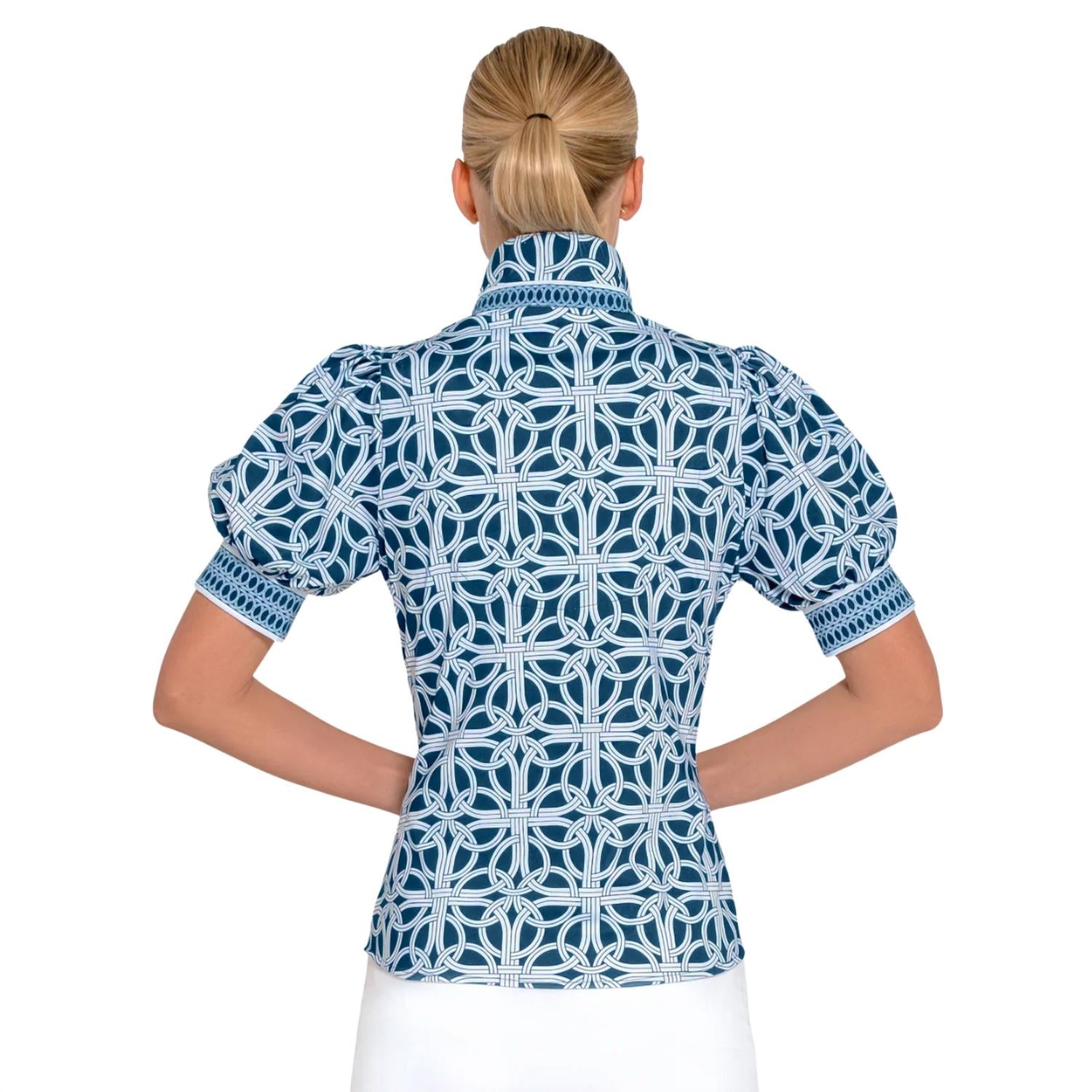 GRETCHEN SCOTT Puff Sleeve Jersey Top Ring Toss in navy - women's blouse - detail view