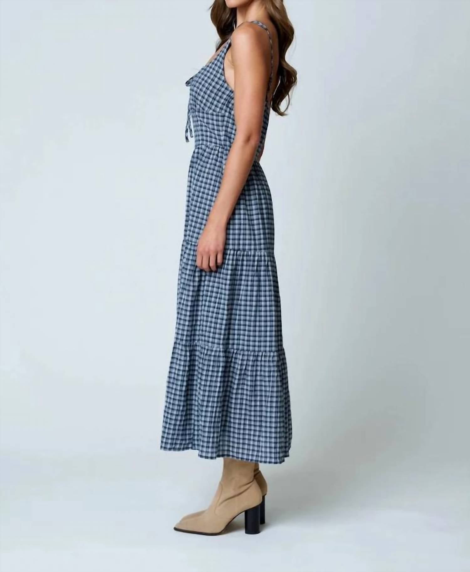 Blu Pepper - Plaid Front Tie Corset Detail Midi Dress
