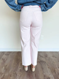 DAZE Lisette High Rise Wide Ankle Jeans in soft pink - women's jeans - detail view