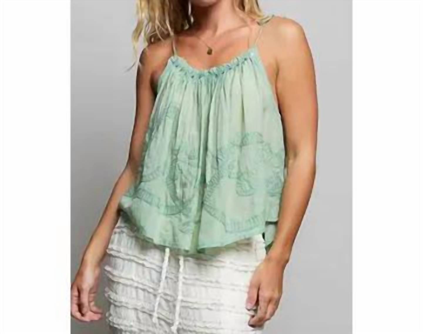 Pol - Embroidered Shirred Spangle Tassel Tie Sleeveless Top