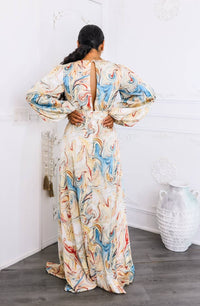 Surelymine - Marble Swirl Kimono Maxi Dress With Slits Boho Resort Style