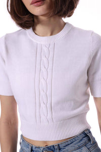 Minnie Rose - Pre-loved Cashmere Short Sleeve Cropped Center Cable Sweater