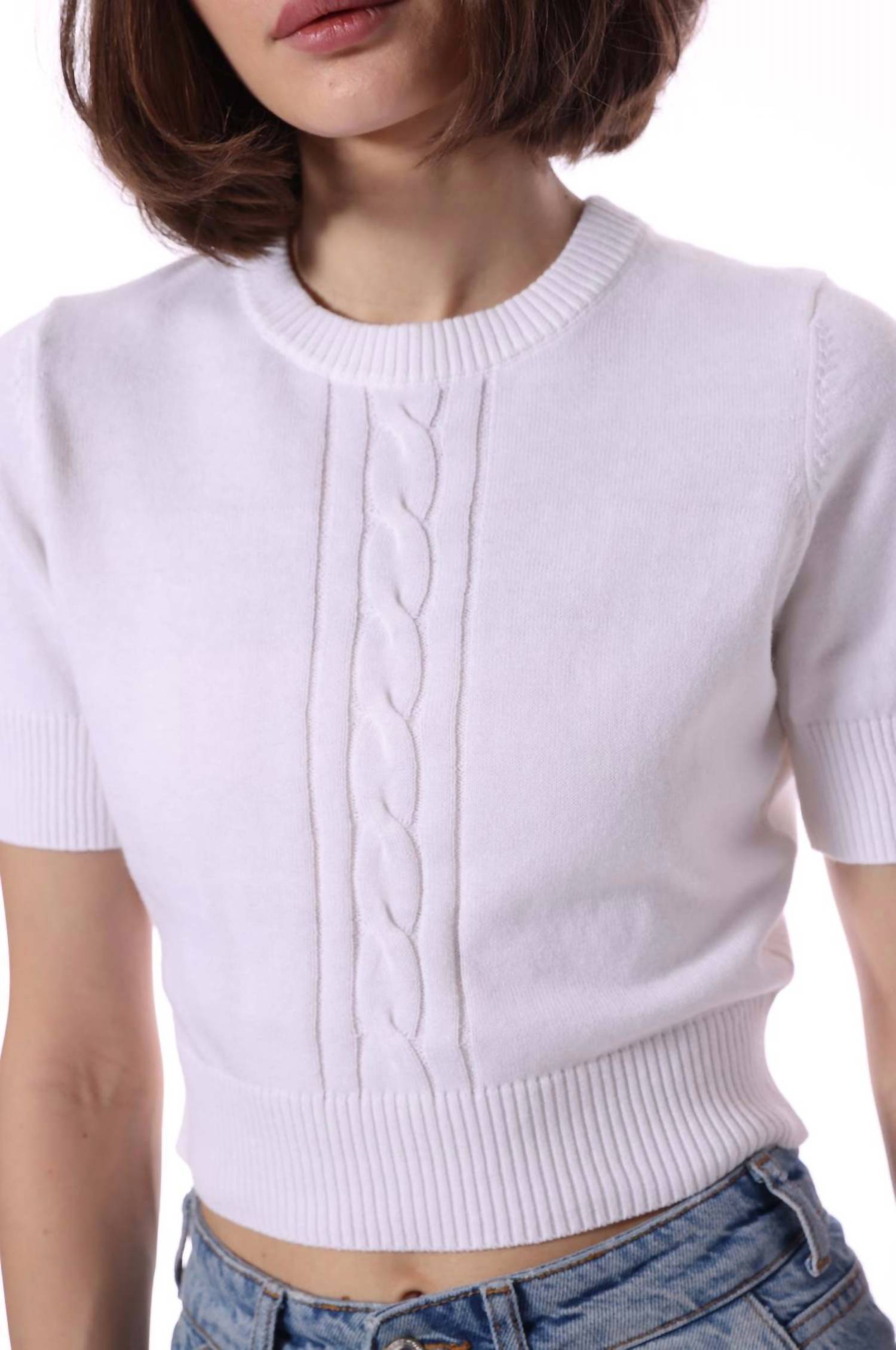 Minnie Rose - Pre-loved Cashmere Short Sleeve Cropped Center Cable Sweater