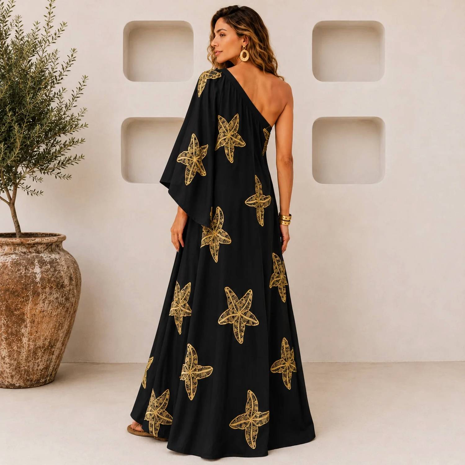 Mystery Resort - Starfish One-shoulder Caftan Maxi Dress