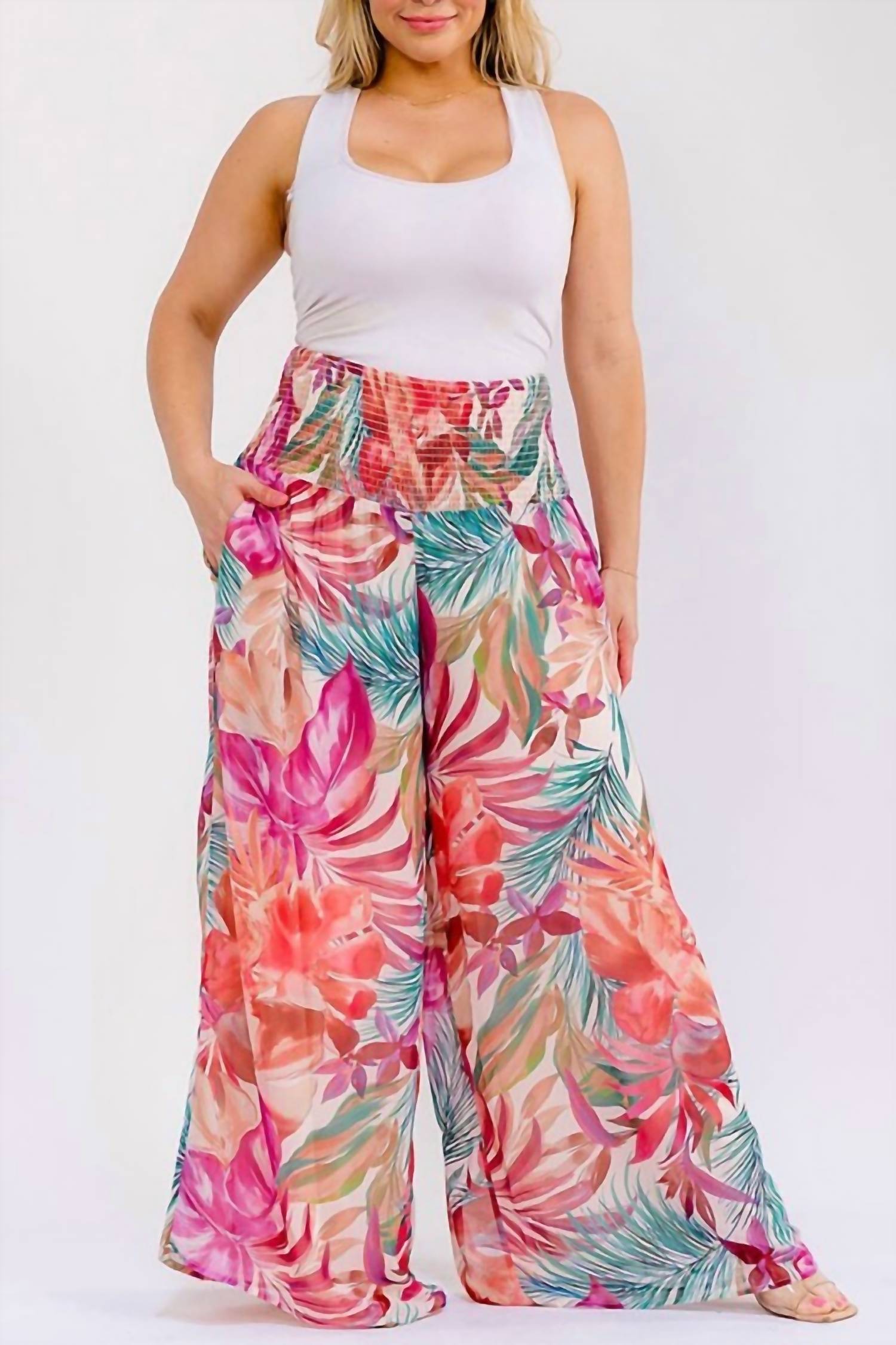 White Birch - Floral Wide Leg Palazzo Pants - Plus