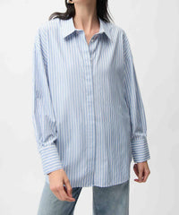Joseph Ribkoff Tencel Stripe Print Boxy Blouse in blue vanilla - women's blouse