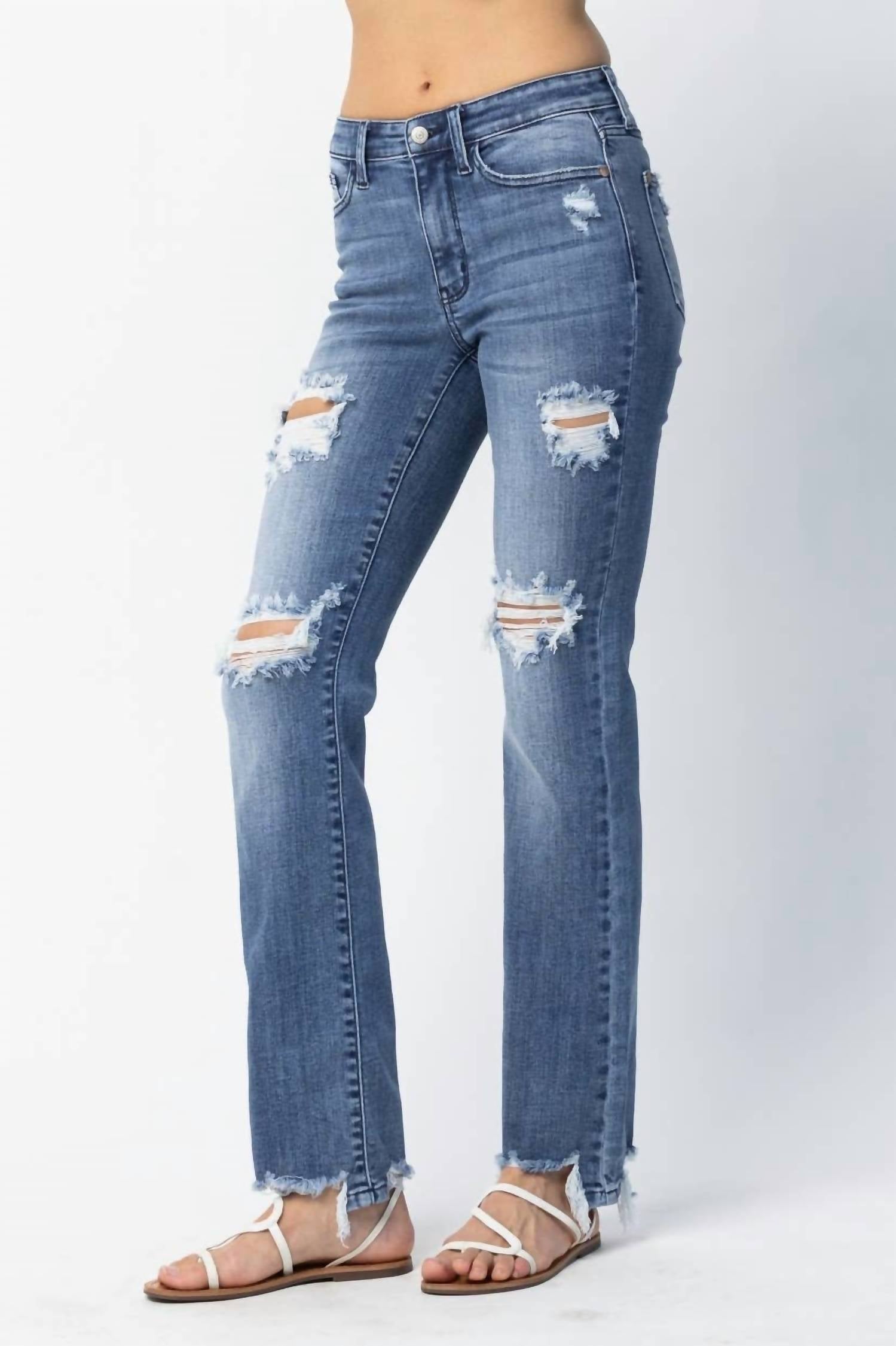 Judy Blue - Distressed Mid Rise Straight Leg Jeans