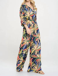 Reneec. - Tropical Print V Neck Wide Leg Jumpsuit