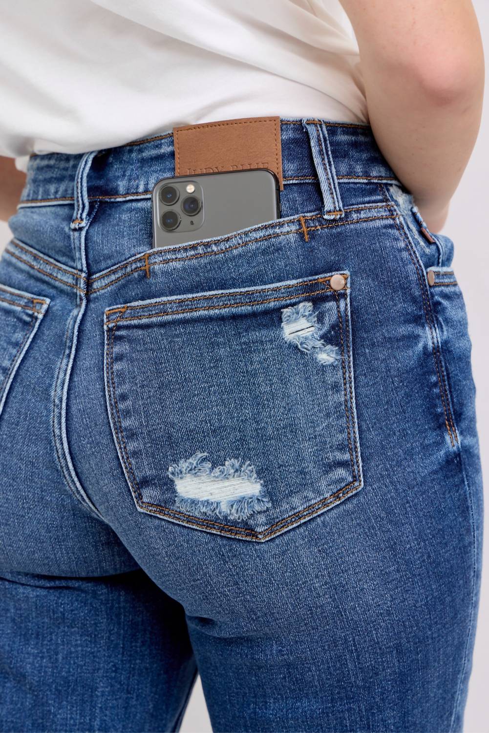 Judy Blue Distressed Knit Boyfriend Cuffed Jean in dark wash - women's jeans - alternate view