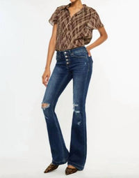 Kancan - Mid Rise Button Up Distressed Flare Jeans