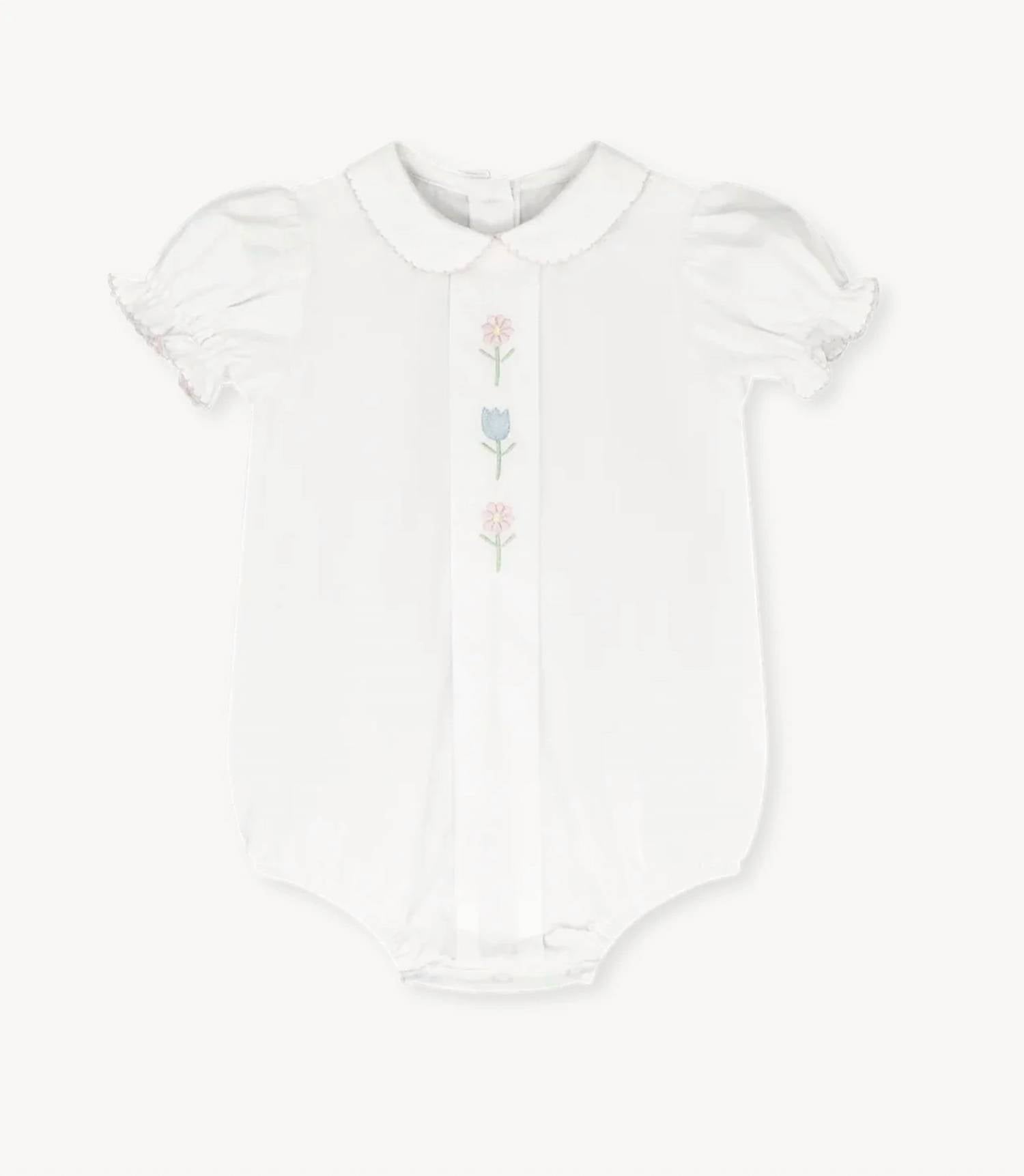 Lullaby Set - Girl's Bluebonnet Flower Embroidery Bubble Romper