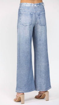 Fate Denim Print Wide Leg French Terry Pants in blue - women's pants - detail view