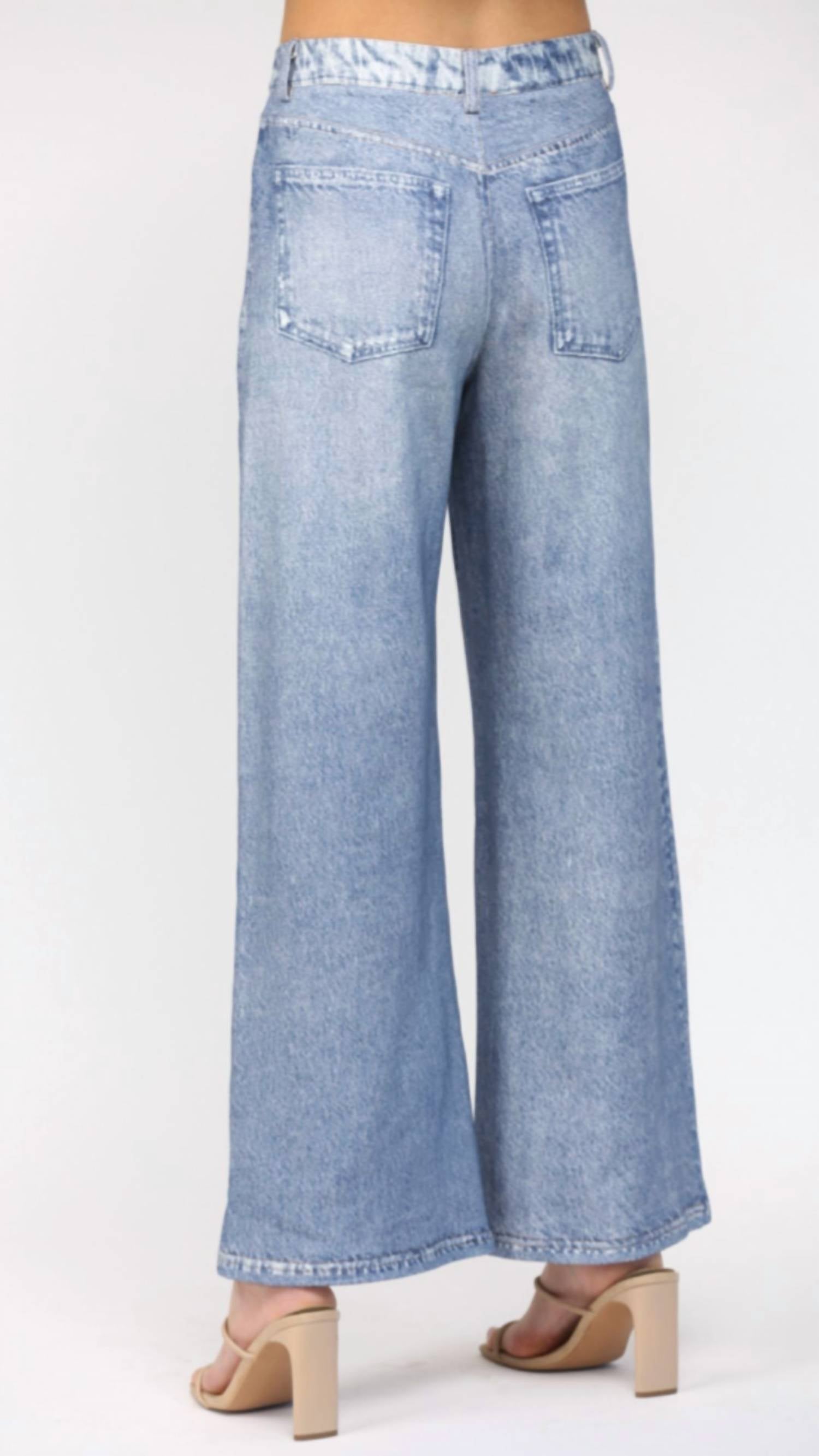Fate Denim Print Wide Leg French Terry Pants in blue - women's pants - detail view