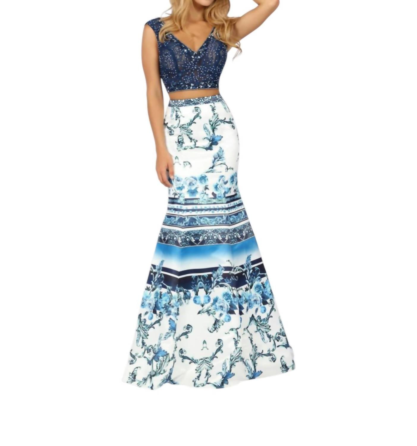 Karishma Creations - Two-piece Beaded Tulle And Printed Matte Satin Gown