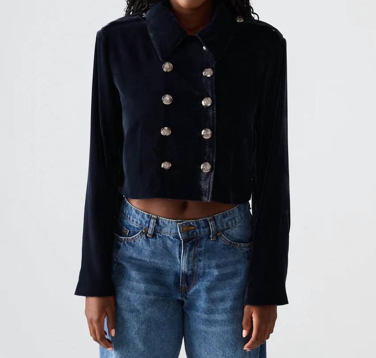 STEVE MADDEN Tonia Velvet Crop Double Breasted Jacket in blue - women's jacket - view 4