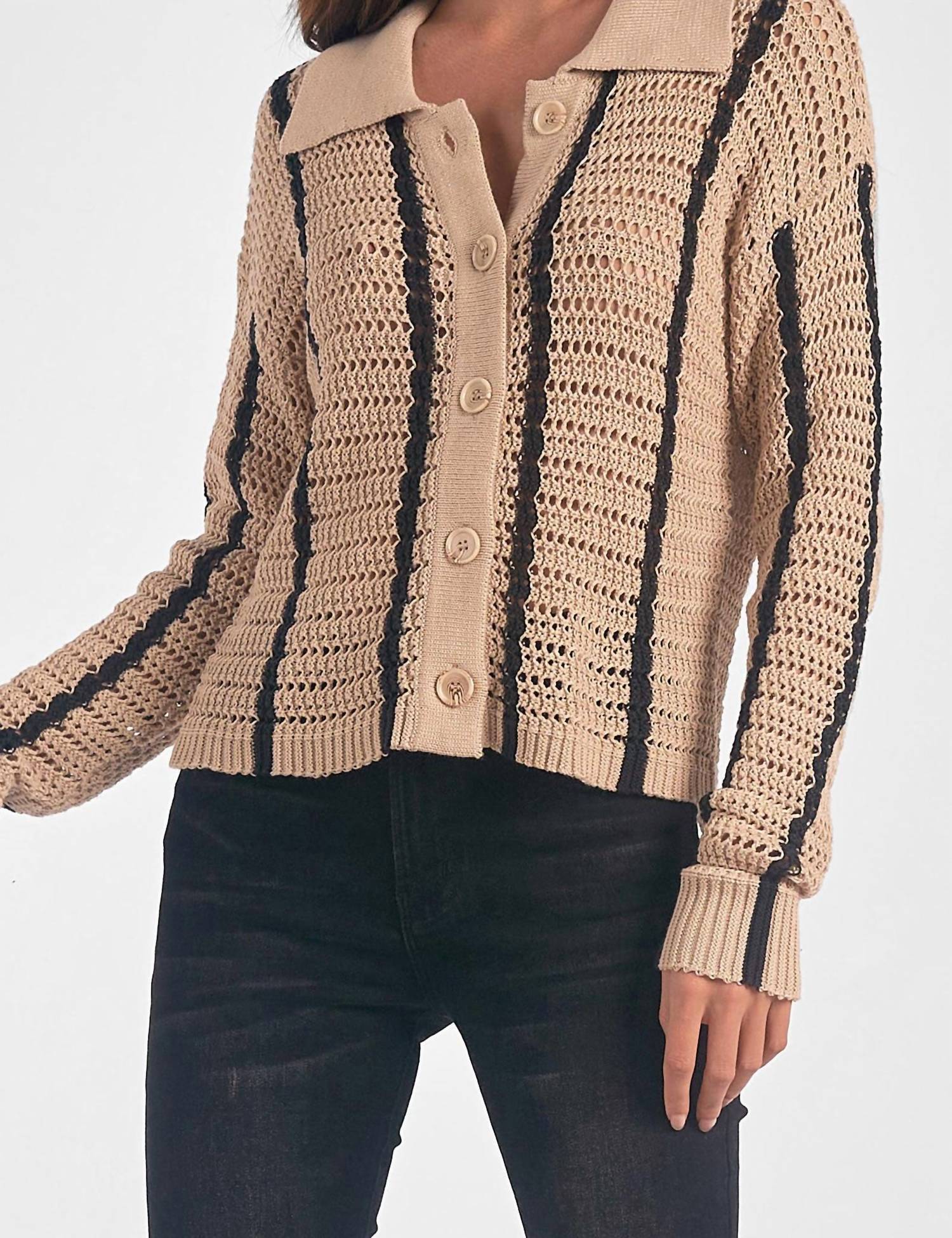 ELAN V-neck Button Down Sweater in tan - women's sweater - detail view