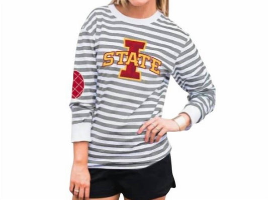 Gameday Couture - Iowa State University Striped Elbow Patch Tee