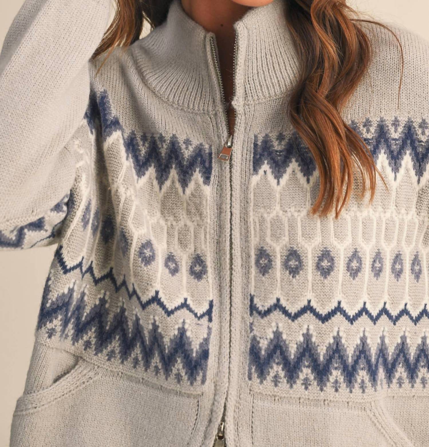 &merci Cozy Fair Isle Zip-Up Cardigan in ash grey - women's cardigan - alternate view