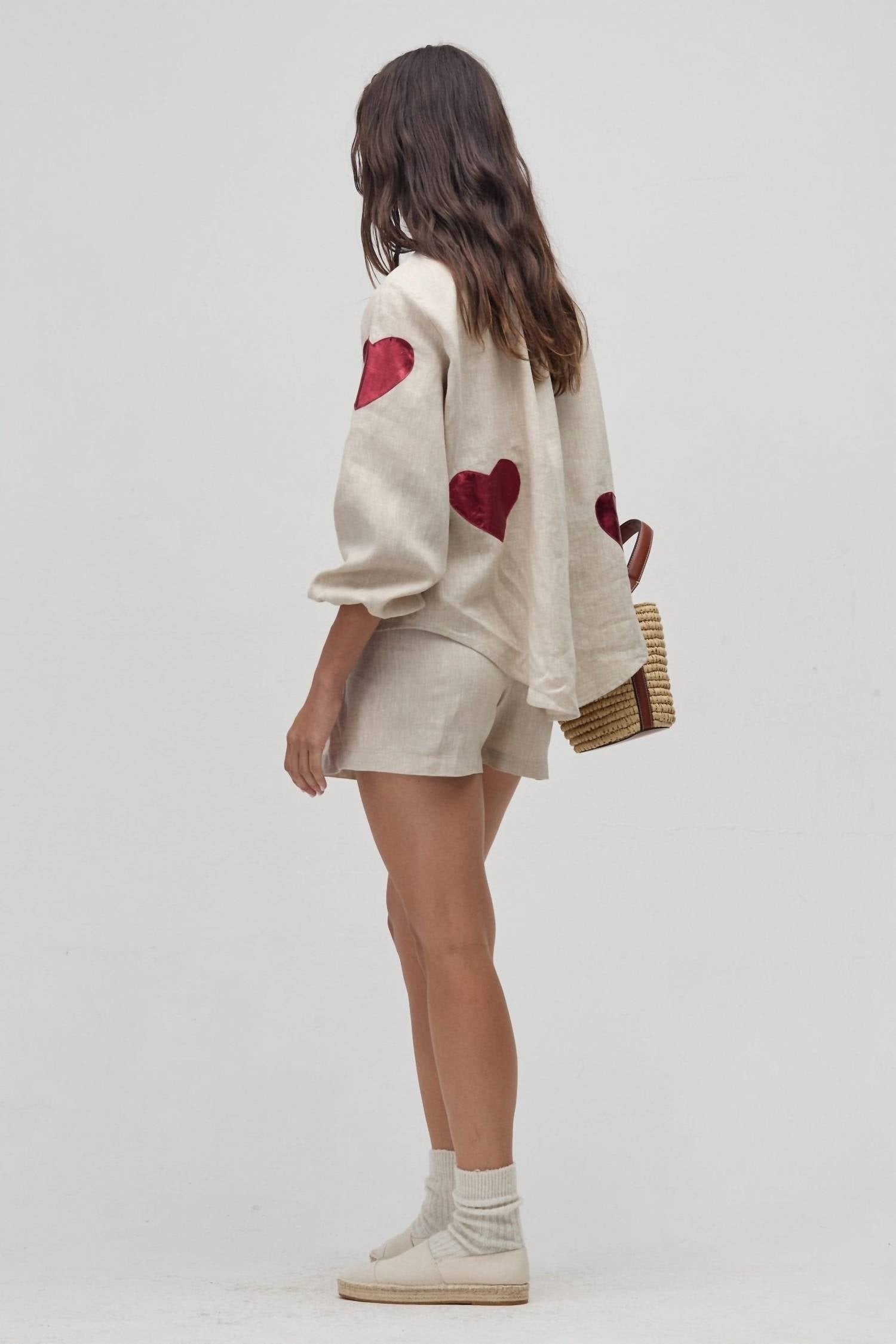 lanhtropy Cupid Linen Shirt in natural with metallic cherry - women's long sleeve top - alternate view