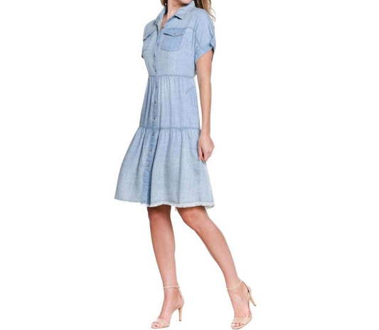 Multiples - Cuffed Cap Sleeve Dolman Tiered Solid Twill Shirtdress