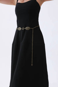 LETO Western Chain Interlocking Oval And O-ring Belt in autique gold - women's accessory - detail view